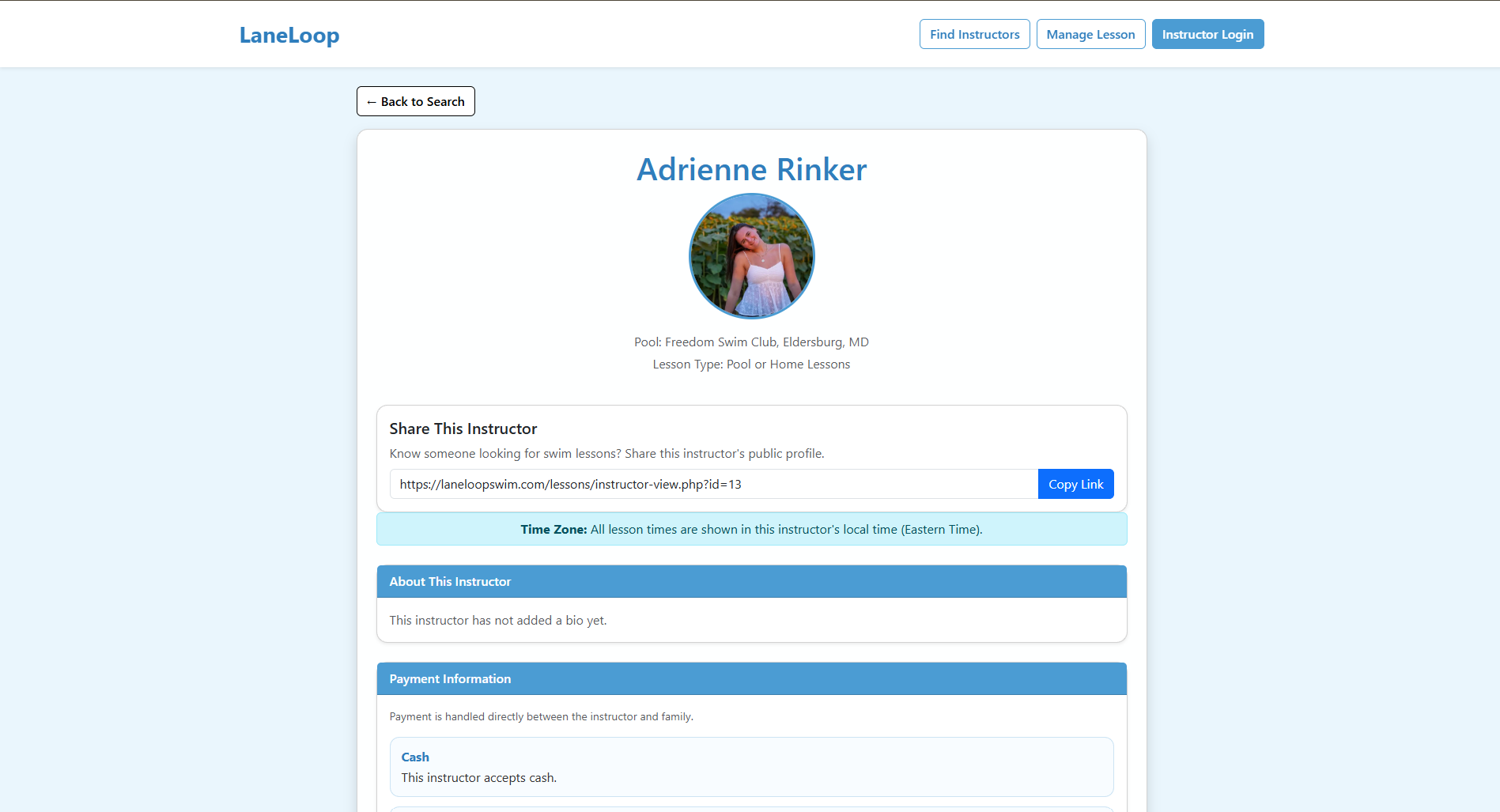 Instructor profile screenshot with public link, timezone, payment methods, and bio