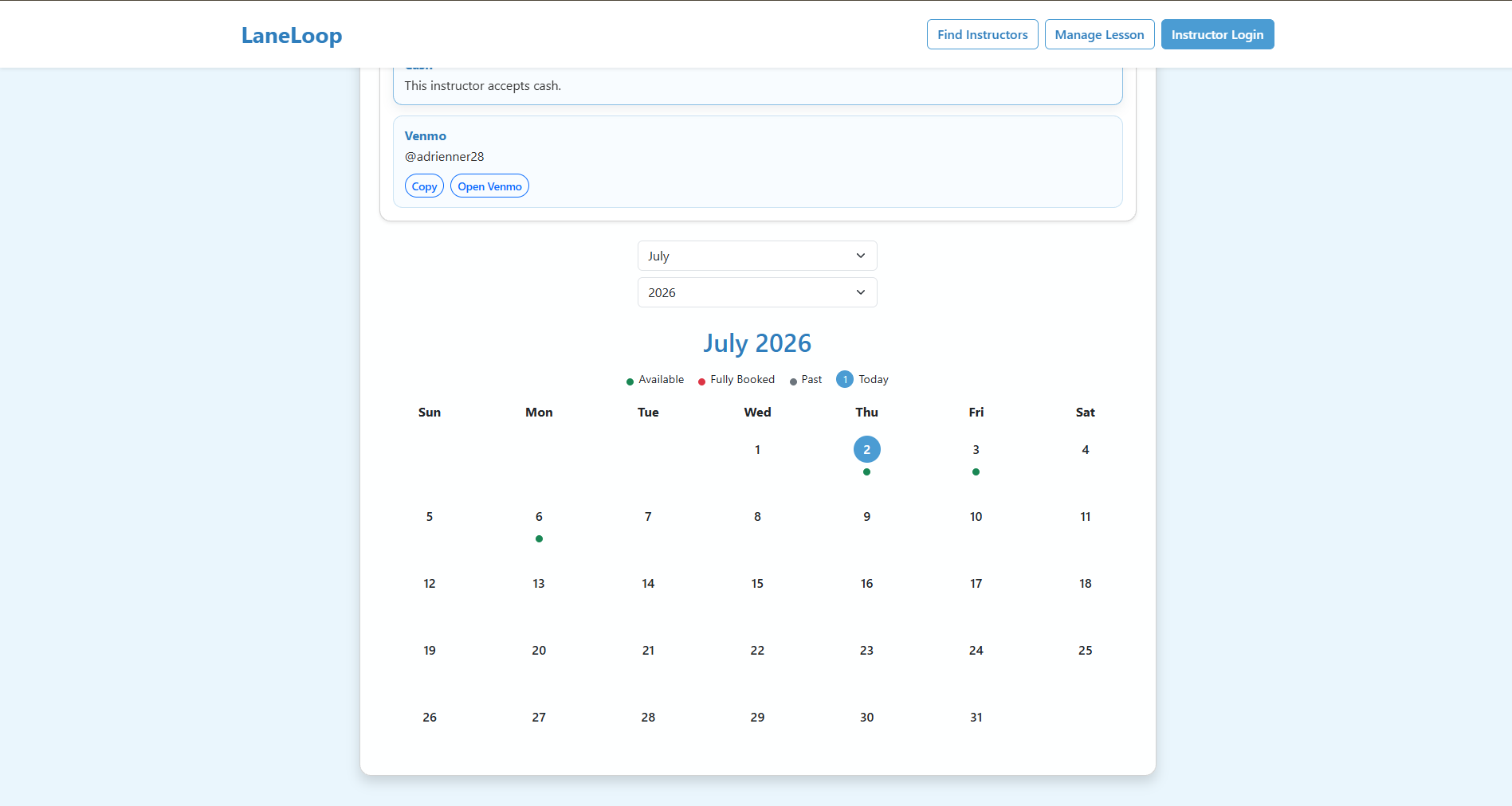 Instructor payment information and calendar screenshot