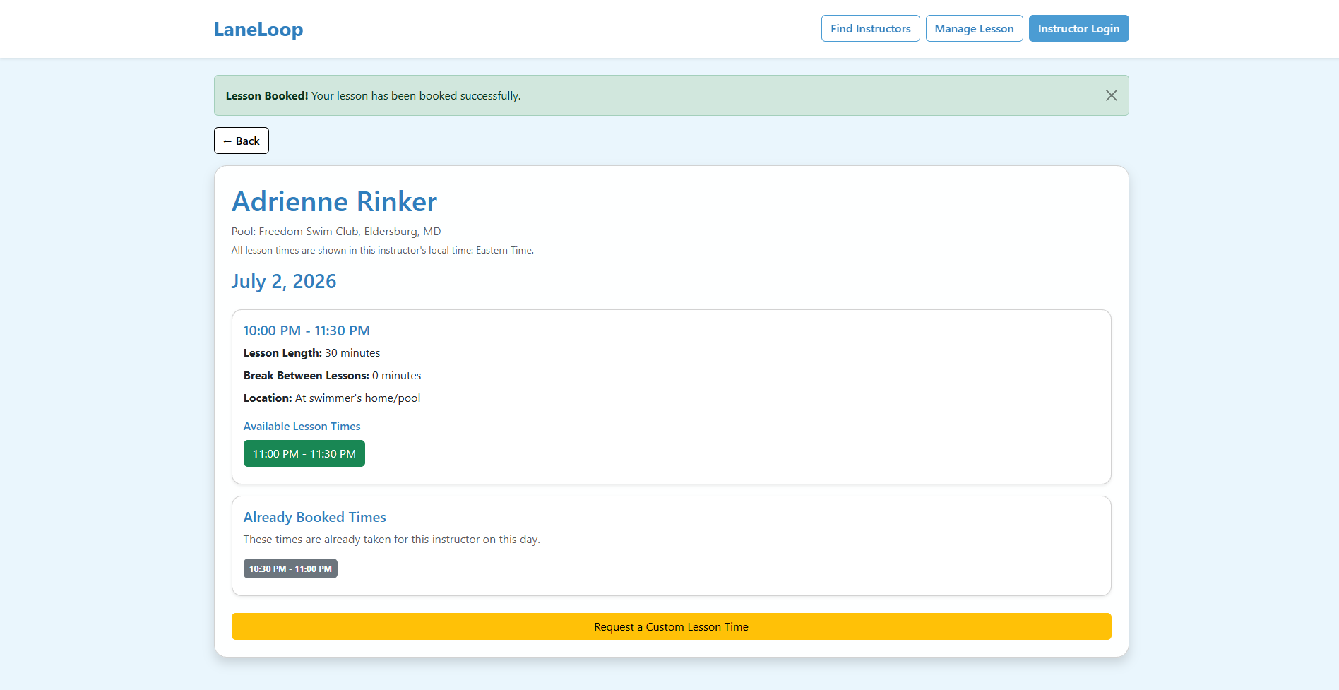 Daily lesson booking and management screenshot